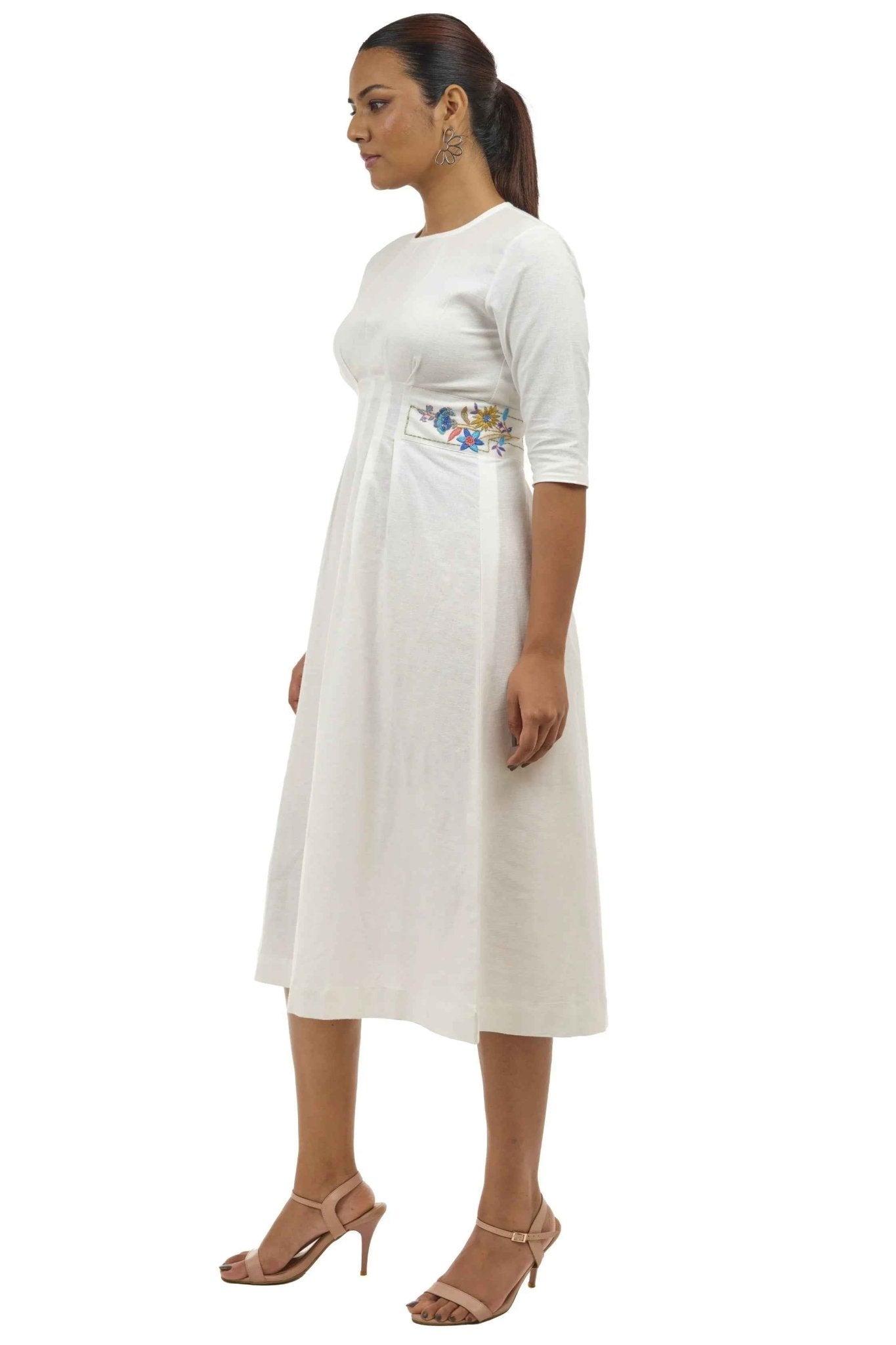 White Linen A - Line Dress – Embroidered Summer Outfit